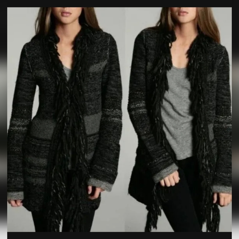 Free People Gray Black Fringe Shawl Collar Wool Blend Cardigan Sweater EuC